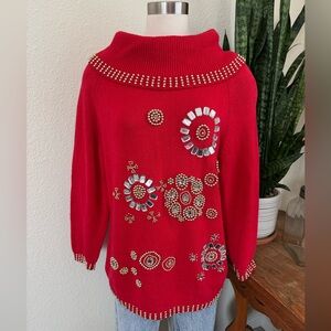 Vintage Red Beaded Sweater Ramie Cotton Holiday Glam Statement Knit‎ medium